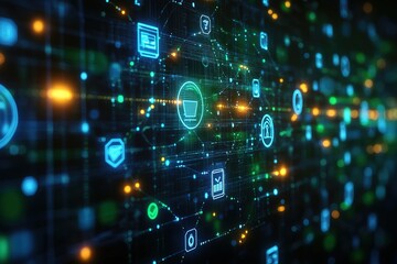 Abstract digital background with glowing icons and lines representing network connections.