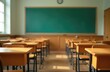 © Alena - A classroom interior with rows of wooden desks and chairs in focus, a green chalkboard in the background, and a concept of education.