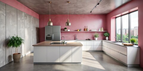 A modern kitchen featuring pink walls, a sleek concrete floor, white countertops, built-in sink, and cooker offers stylish design inspiration for contemporary homes.