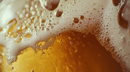 High-definition close-up of a golden beer with a frothy white head, every detail captured