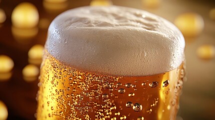 Realistic close-up of a cold glass of golden beer with a thick white foam on top,