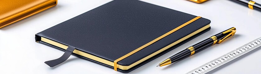 Luxury office supplies in black and gold neatly displayed on a white desk, including pens, rulers, and a notebook, emphasizing elegance and style