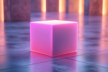 Wall Mural - pink cube product display on reflective floor with atmospheric lighting