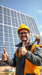 Solar panel technician, thumbs up, yellow hard hat, safety vest, confident smile, large solar array background, blue sky, industrial worker, renewable energy, sunny day, photovoltaic installation, cle