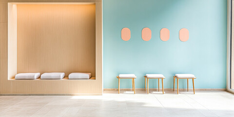 Minimalist interior design featuring seating area and decorative wall art in a modern space