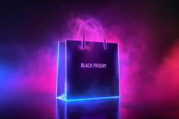 Neon Shopping Bag on Black Friday Background