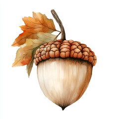 Wall Mural - Watercolor acorns, clipart on a white background, autumn season, oak leaves