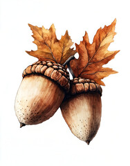 Wall Mural - Watercolor acorns, clipart on a white background, autumn season, oak leaves