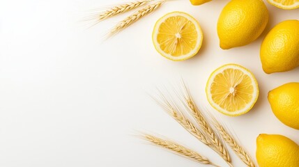 Freshly cut lemon wedges floating alongside wheat stalks, bright, vibrant colors against a clean white backdrop, modern and minimalistic look