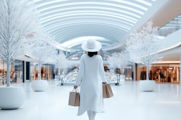 Stylish woman in an all-white outfit walks in a modern shopping mall with shopping bags, surrounded by contemporary architecture and decorative trees, conveying luxury and elegance.