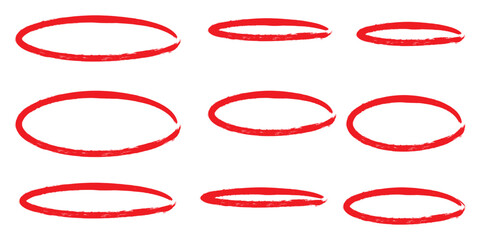 Wall Mural - handwritten red round circles set. pen or marker doodle scribble, pencil borders, grunge ovals, line