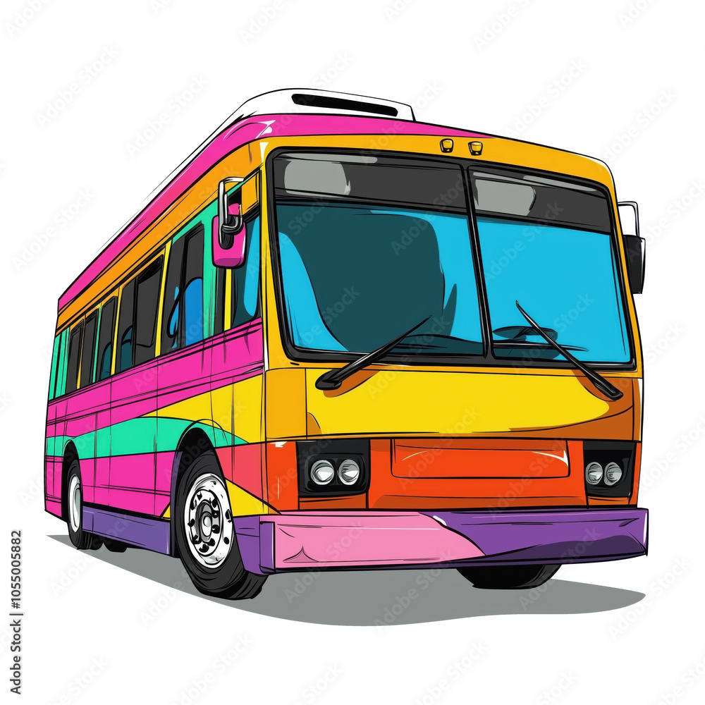Colorful bus illustration with vibrant design and bold colors, isolated ...