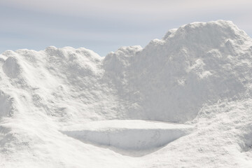 Wall Mural - 3d render winter platform and realistic natural background, ice podium on the ice snow mountain, bac