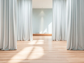 Spacious interior of a modern room with elegant curtains and wooden flooring illuminated by sunlight