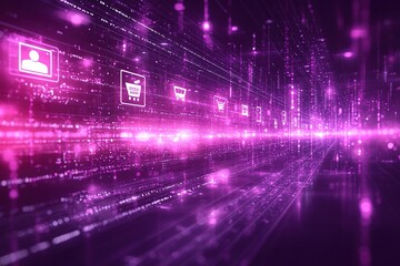 Abstract digital network with glowing icons for online shopping, ecommerce, and social media.
