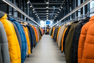 An aisle in a retail store displays a variety of winter jackets in vibrant colors like yellow and blue, reflecting current seasonal trends in fashion retail.