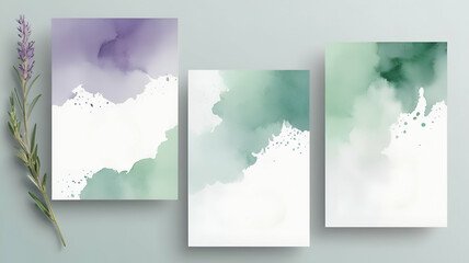 minimalist invitation cards in abstract watercolor designs. soft green and subtle purple hues blendi