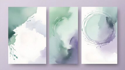 minimalist invitation cards in abstract watercolor designs. soft green and subtle purple hues blendi