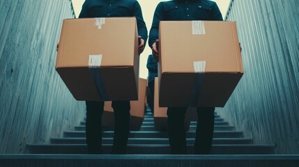 Family members work together to carry heavy boxes up the stairs with teamwork and laughter showcasing a deep depth of field and movement as they relocate or deliver their belongings