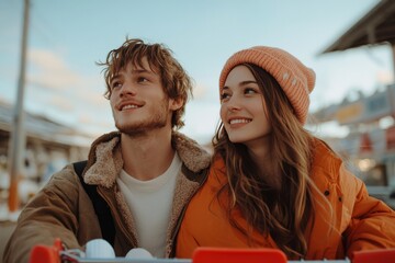 A young couple, bundled in winter clothing, revels in the sunny outdoors with a shopping cart, illustrating togetherness and the joy of shopping trips.