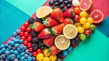 Wall Mural - A colorful arrangement of fresh fruits and vegetables on a vibrant background.