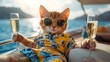 © Koko Art Studio - Rich cool cat on expensive private yacht with champagne gold watch stylish sunglasses, billionaire dream lifestyle background. Funny creative wildlife animal character unique 3d digital artwork.