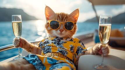 rich cool cat on expensive private yacht with champagne gold watch stylish sunglasses, billionaire d