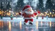 © Alena - Cartoon Santa Claus ice skating on frozen lake. 3d illustration, cheerful snowflakes, twinkling fairy lights, Christmas trees, festive holiday atmosphere. Winter background, wallpaper, sports poster