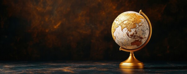 A vintage globe sitting on a golden stand against a dark background, representing exploration and adventure.