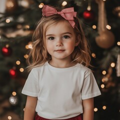 Little girl wearing blank white tshirt mockup. Cute kid girl model with gingham ribbon bow, in basic short sleeve tee, standing in living room with sparkling Christmas tree. Casual crewneck shirt mock