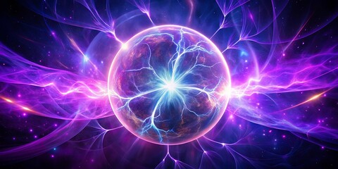 Wall Mural - A swirling sphere of energy, pulsing with electric light, surrounded by a galactic nebula of vibrant purple and blue hues.