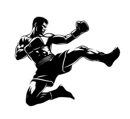 black and white isolated vector illustration of a muay thai boxer doing a jumping kick on a white ba
