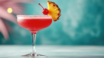 Vibrant and Colorful Tropical Cocktail Garnished with Slice of Pineapple and Cherry Ready to Serve with Depth of Field Effect