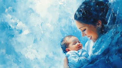 Wall Mural - Mother cradling her newborn baby, smiling warmly, on an ice-blue background