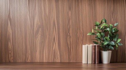 Wall Mural - Wood varnish coating on a walnut bookshelf, elegant shine, detailed wood grain, balanced lighting, neutral background, sophisticated home library feel