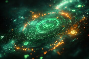 abstract futuristic digital interface with glowing green and orange elements.