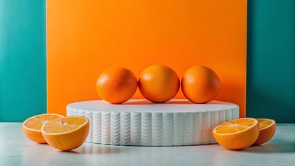 Wall Mural - Three whole oranges on a white podium with two halves on either side against a teal and orange background.