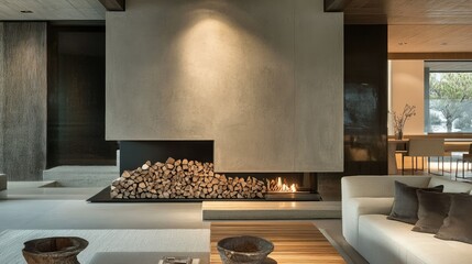 Wall Mural - Minimalist modern fireplace design with stacked firewood below, providing a cozy ambiance in a modern home.