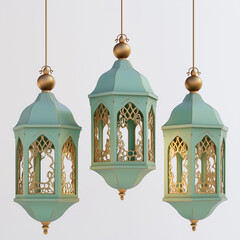 3D cartoon Ramadan lanterns hanging, in green color, with a white background