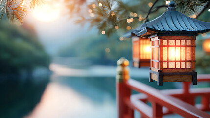 Enchanting lanterns illuminate a serene red wooden bridge reflecting on tranquil waters