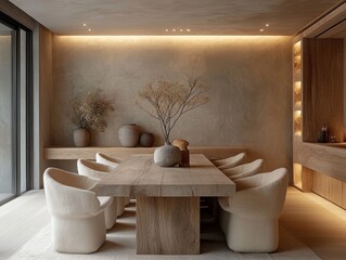 Simple wooden table with neutral-colored chairs, natural wall decor, and soft lighting --ar 4:3 --stylize 200 --v 6.1 Job ID: 91fed936-4757-44d7-bf8b-7e3425293576