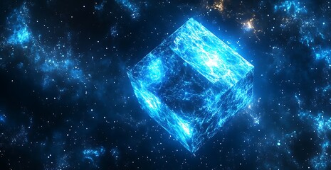 Abstract digital background with glowing blue light and a futuristic cube floating in space a tech network concept with geometric elements for a banner design or web site layout