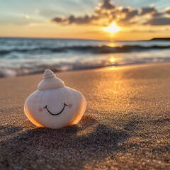 A smiling seashell on the sand facing a calm sunset over the water