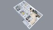© Hasib - 3D Floor plan of a 2 bedroom home, 3D illustration. Open concept living apartment layout