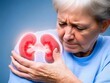 © nuiiko - An elderly woman clutches her shoulder in pain, with a glowing illustration of kidneys superimposed, signifying kidney-related discomfort or health issues.