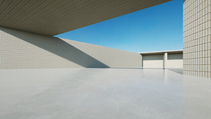 Aufkleber - 3d render of abstract modern concrete white architecture with empty cement floor, minimal exterior, car presentation background