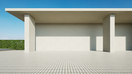 Poster - Modern building exterior, architecture with large brick wall. concrete floor, 3d rendering