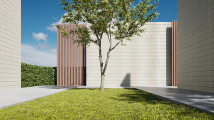 Poster - Modern building exterior, architecture with large brick wall. concrete floor, 3d rendering