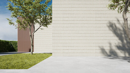 Poster - Modern building exterior, architecture with large brick wall. concrete floor, 3d rendering