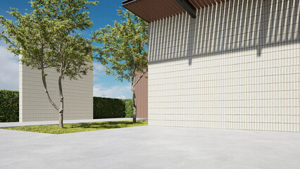 Wall Mural - Modern building exterior, architecture with large brick wall. concrete floor, 3d rendering